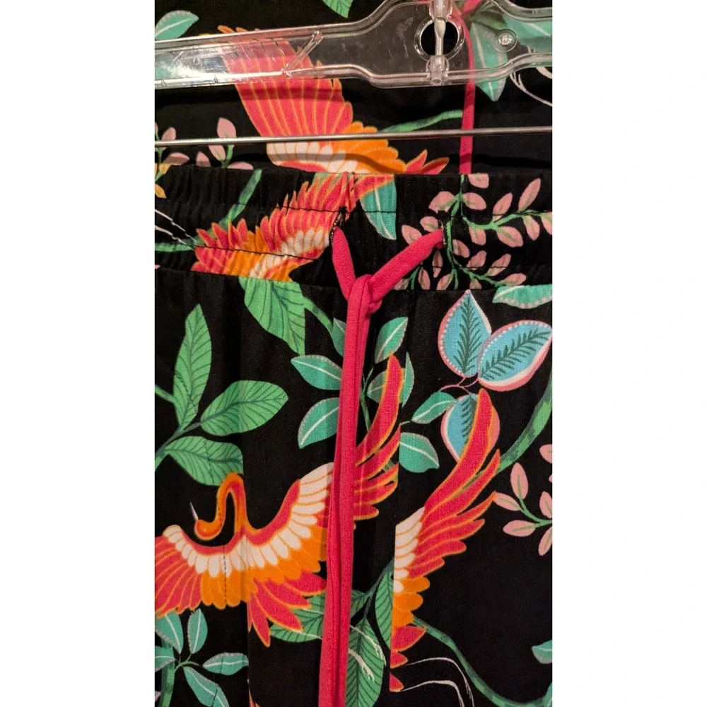 BeautySleep Social Pajama Set XS Black Tropical Crane Print Pink Trim Loungewear